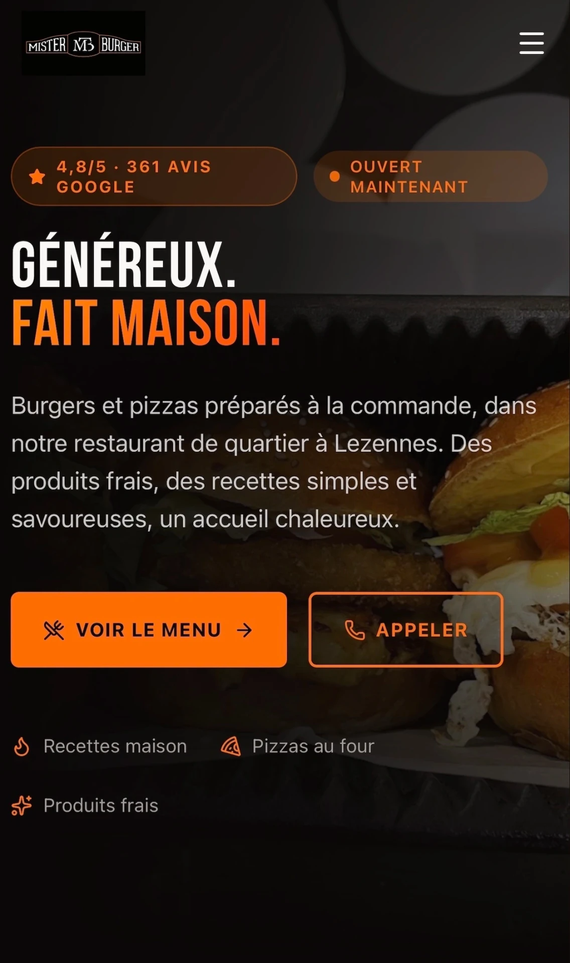 Aperçu après : site Mister Burger & Pizzas sur mobile