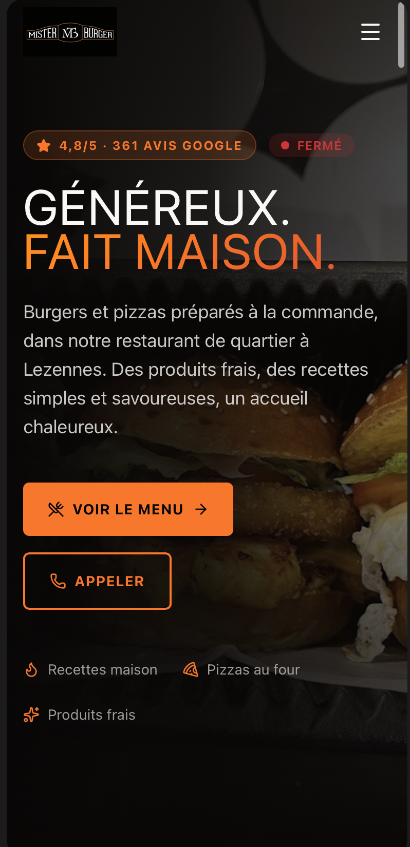 Mockup du site Mister Burger & Pizzas réalisé par Le Pavé Digital